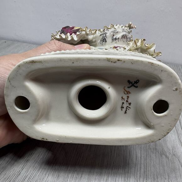 Victorian Man & Woman Figurines Ruffle Gold Trim Outfit Marked Bone China Lace - Picture 13 of 13